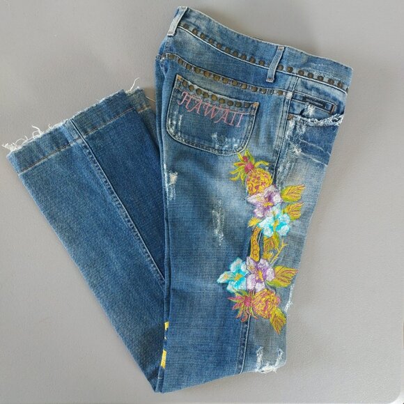 Dolce & Gabbana Vintage Y2K Jeans 42 Bootcut Flare Low Rise Embroidery Studs - Picture 2 of 16